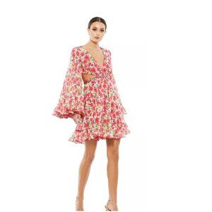 Mac Duggal Floral Cut Out Mini Dress Long Bell Sleeves Size 2 New NWT Style 9158